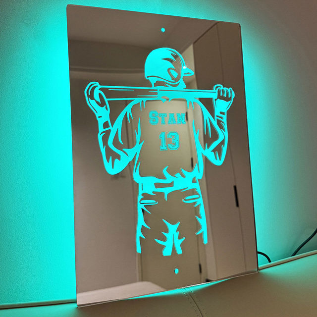 Picture of Personalized Baseball Silhouette Jersey Mirror Sign - Custom Illuminated Name Mirror Sign - Cool Bedroom Decoration or Party Decoration for Sports Lover