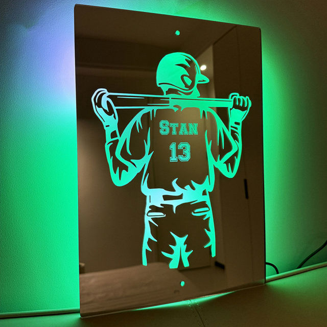 Picture of Personalized Baseball Silhouette Jersey Mirror Sign - Custom Illuminated Name Mirror Sign - Cool Bedroom Decoration or Party Decoration for Sports Lover