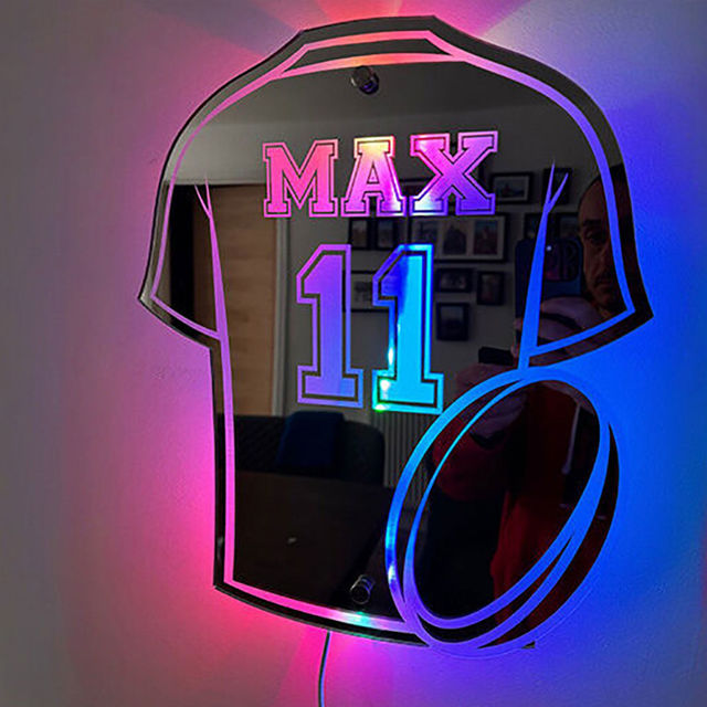 Picture of Personalized Rugby Jersey Mirror Sign - Custom Illuminated Name Mirror Sign - Cool Bedroom Decoration or Party Decoration for Sports Lover