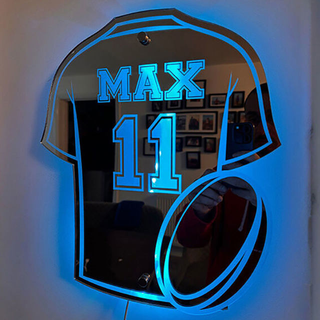 Picture of Personalized Rugby Jersey Mirror Sign - Custom Illuminated Name Mirror Sign - Cool Bedroom Decoration or Party Decoration for Sports Lover