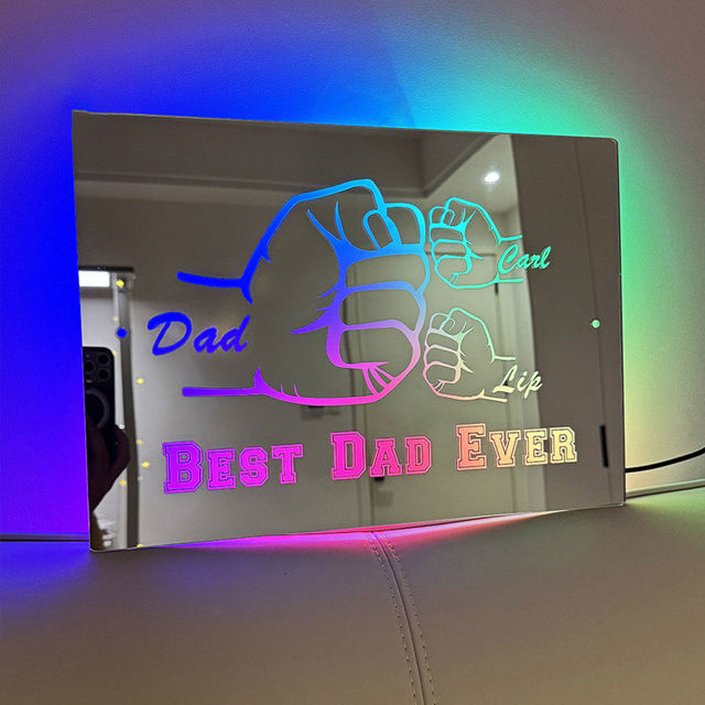 Picture of Personalized Name LED Mirror Sign with Fist Combination - Best Dad Ever Mirror - Custom Illuminated Name Mirror Sign - Cool Bedroom Decoration for Father's Day