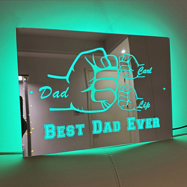 Picture of Personalized Name LED Mirror Sign with Fist Combination - Best Dad Ever Mirror - Custom Illuminated Name Mirror Sign - Cool Bedroom Decoration for Father's Day