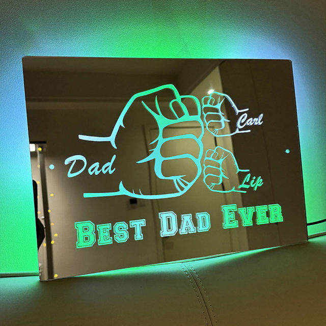 Picture of Personalized Name LED Mirror Sign with Fist Combination - Best Dad Ever Mirror - Custom Illuminated Name Mirror Sign - Cool Bedroom Decoration for Father's Day