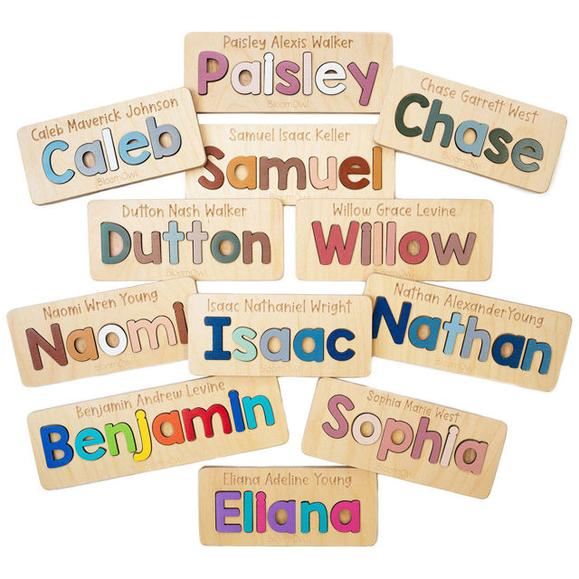 Picture of Custom Wooden Name Puzzle - Upper Name with Full Name  Engraving on the Top - Name Puzzles for Toddlers and Baby