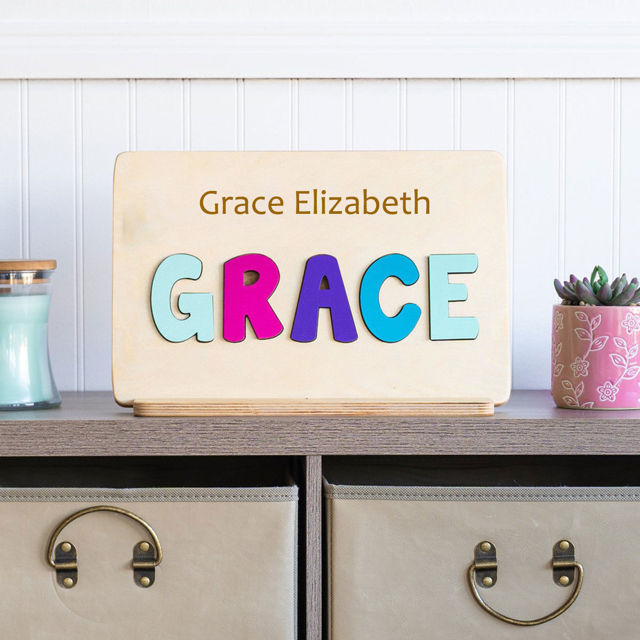 Picture of Custom Wooden Name Puzzle - Upper Name with Full Name  Engraving on the Top - Name Puzzles for Toddlers and Baby