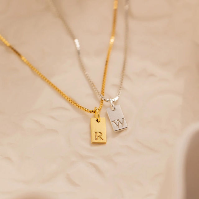 Picture of Custom Initial Necklace - Mini Tag Monogram Necklace - Custom Engraved Necklace - Valentine's Day Gift Her, Gift for Mom