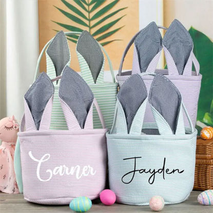 Picture of Personalized Easter Bucket - Custom Easter Bucket - Custom Embroidered Bunny Ears Striped Basket