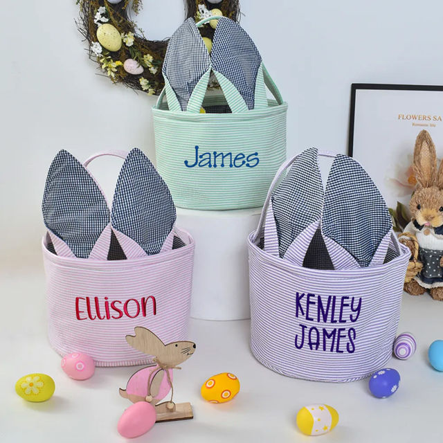 Picture of Personalized Easter Bucket - Custom Easter Bucket - Custom Embroidered Bunny Ears Striped Basket