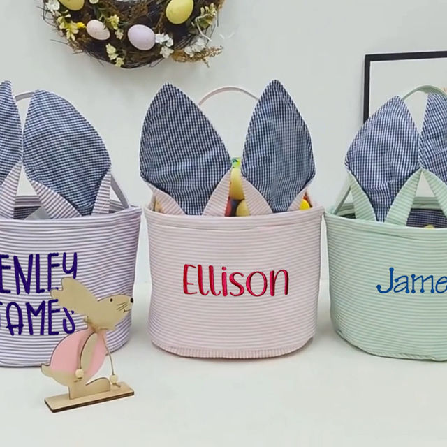 Picture of Personalized Easter Bucket - Custom Easter Bucket - Custom Embroidered Bunny Ears Striped Basket