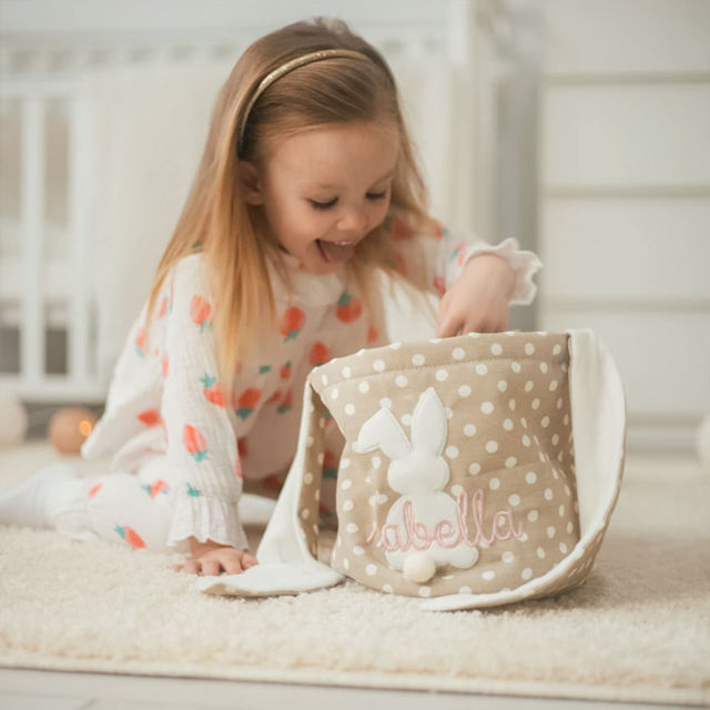 Picture of Custom Embroidered Easter Bunny Bucket - Personalized Bunny Tail Basket - Custom Long Ear Knotted Easter Bunny Bucket