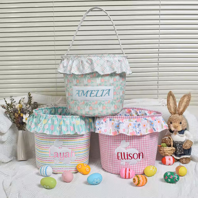 Picture of Custom Embroidered Easter Basket - Personalized Princess Style Large Capacity Storage Basket - Custom Cylinder Tote Basket