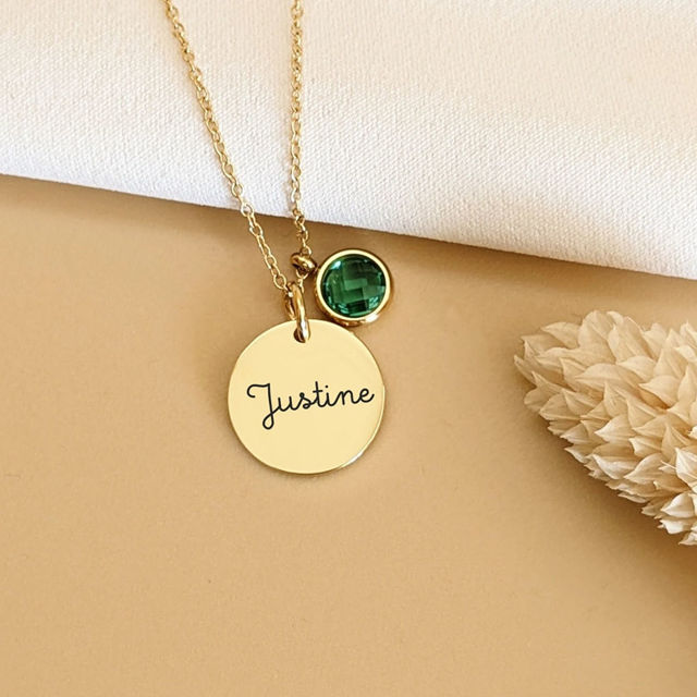 Picture of Personalized Disc Name Necklace with Birthstone - Custom Necklace with Text - Gift for her