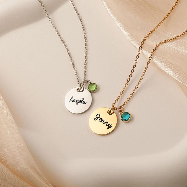 Picture of Personalized Disc Name Necklace with Birthstone - Custom Necklace with Text - Gift for her