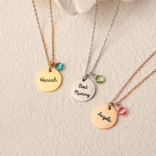 Picture of Personalized Disc Name Necklace with Birthstone - Custom Necklace with Text - Gift for her