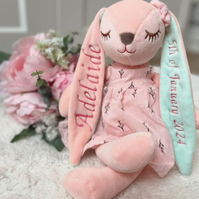 Picture of Custom Embroidered Stuffed Bunny Rabbit with Name - Personalized Comfort Rabbit for Kids - Baby Shower Gift