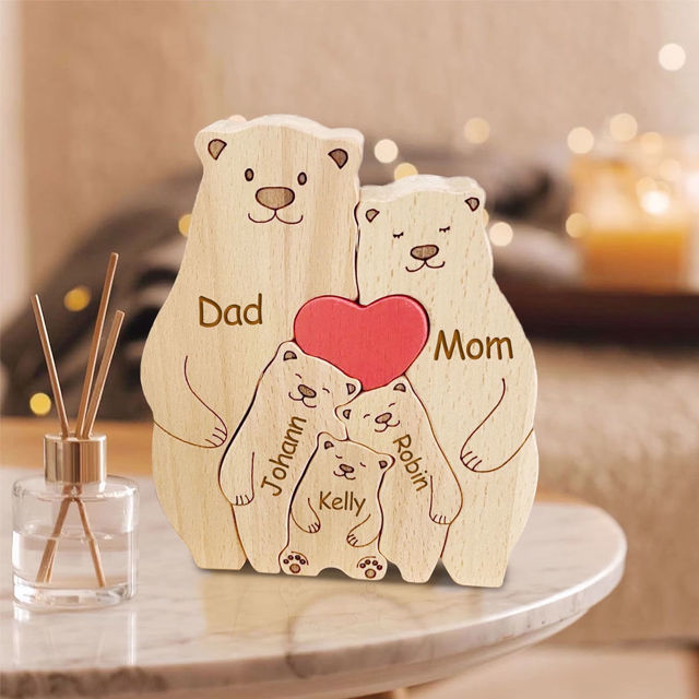 Picture of Personalized Wooden Bear Family Puzzle with Names - Cute Family Wooden Carved Puzzle - Family Keepsake Gift