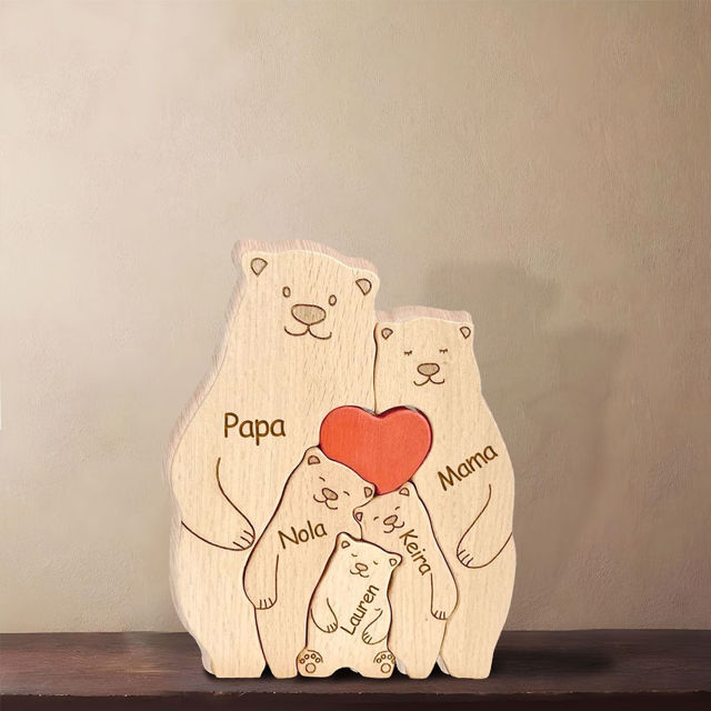 Picture of Personalized Wooden Bear Family Puzzle with Names - Cute Family Wooden Carved Puzzle - Family Keepsake Gift