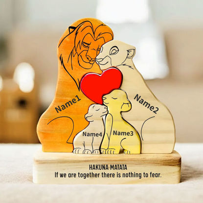 Picture of Personalized UV Color Printing Wooden Lion Family Puzzle - Custom Family Name Puzzle - Gift for Dad and Mum - Unique Home Decor Gift