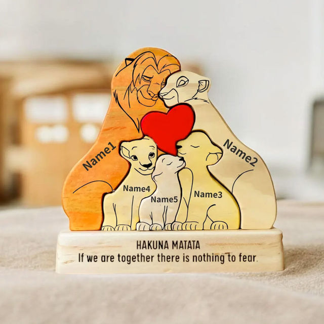 Picture of Personalized UV Color Printing Wooden Lion Family Puzzle - Custom Family Name Puzzle - Gift for Dad and Mum - Unique Home Decor Gift