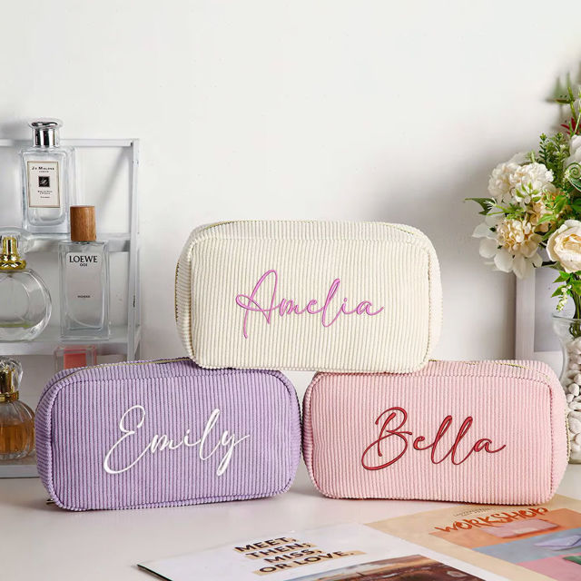 Picture of Custom Embroidered Corduroy Cosmetic Bag with Name - Personalized Travel lettered Makeup Bag