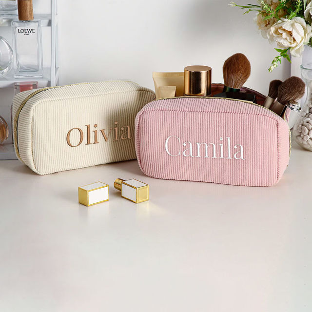 Picture of Custom Embroidered Corduroy Cosmetic Bag with Name - Personalized Travel lettered Makeup Bag