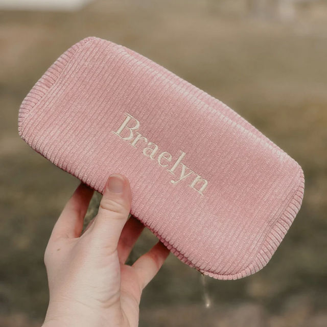 Picture of Custom Embroidered Corduroy Cosmetic Bag with Name - Personalized Travel lettered Makeup Bag