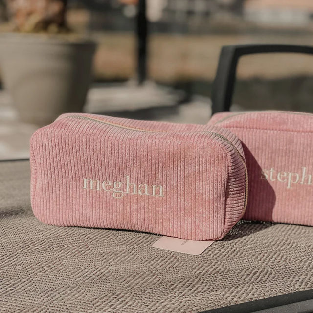 Picture of Custom Embroidered Corduroy Cosmetic Bag with Name - Personalized Travel lettered Makeup Bag