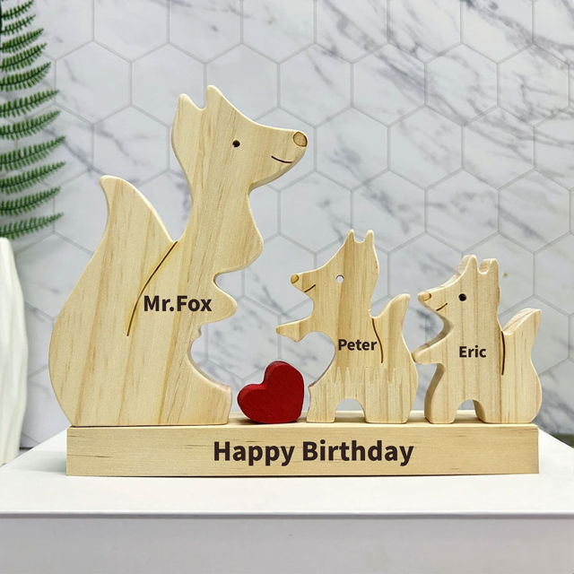 Picture of Personalized Wooden Fox Family Puzzle - Custom Foxes Family with Name Wooden Decor - Family Gift