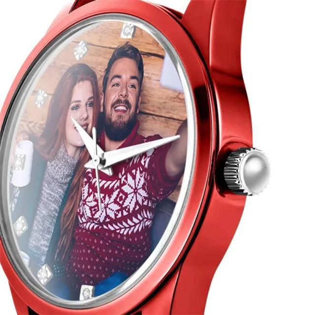 Picture of Custom Engraved Red Couple Watch with Photo - Best Gift for Valentine's Day or Anniversary