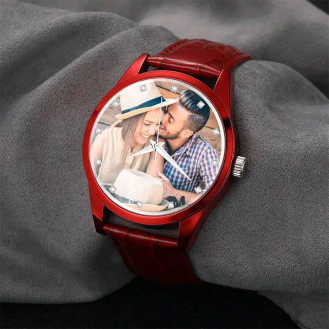 Picture of Custom Engraved Red Couple Watch with Photo - Best Gift for Valentine's Day or Anniversary