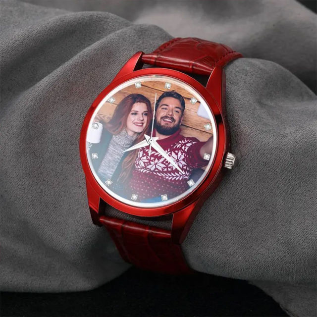 Picture of Custom Engraved Red Couple Watch with Photo - Best Gift for Valentine's Day or Anniversary