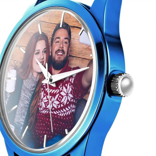 Picture of Custom Engraved Blue Couple Watch with Photo - Best Gift for Valentine's Day or Anniversary