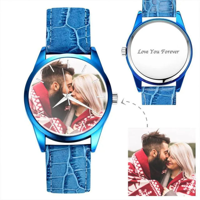 Picture of Custom Engraved Blue Couple Watch with Photo - Best Gift for Valentine's Day or Anniversary