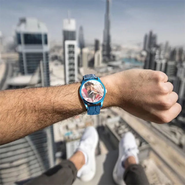 Picture of Custom Engraved Blue Couple Watch with Photo - Best Gift for Valentine's Day or Anniversary