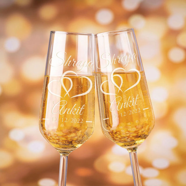 Picture of Custom Wedding Champagne Flutes - Personalized Champagne Glasses with Couple Names and Text - Engraved Bride and Groom Toasting Glasses - Mr & Mrs Gift