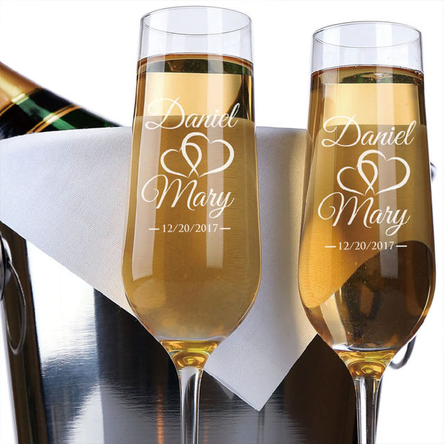 Picture of Custom Wedding Champagne Flutes - Personalized Champagne Glasses with Couple Names and Text - Engraved Bride and Groom Toasting Glasses - Mr & Mrs Gift
