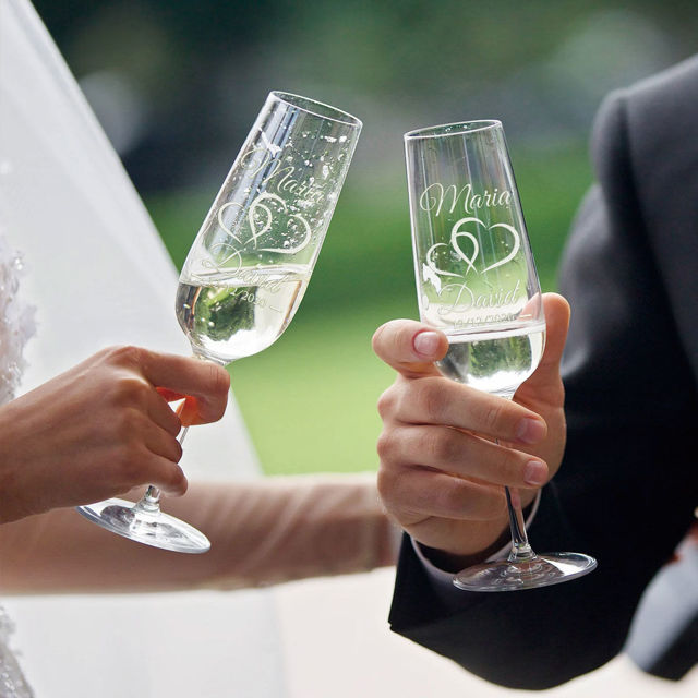 Picture of Custom Wedding Champagne Flutes - Personalized Champagne Glasses with Couple Names and Text - Engraved Bride and Groom Toasting Glasses - Mr & Mrs Gift