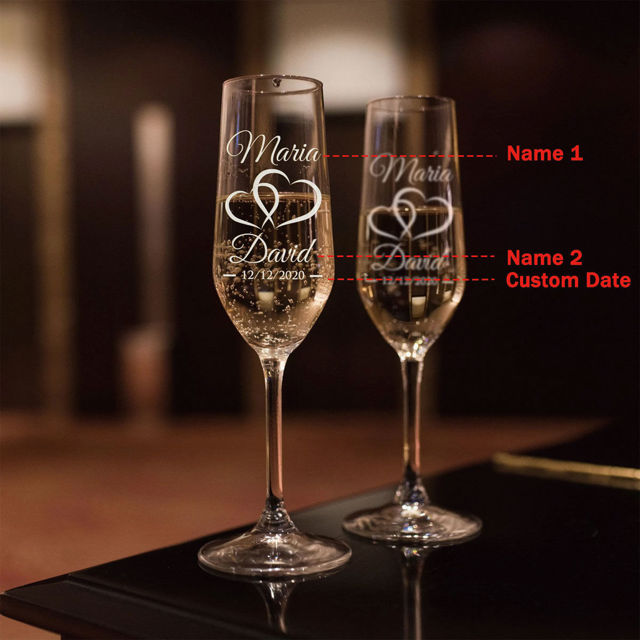Picture of Custom Wedding Champagne Flutes - Personalized Champagne Glasses with Couple Names and Text - Engraved Bride and Groom Toasting Glasses - Mr & Mrs Gift