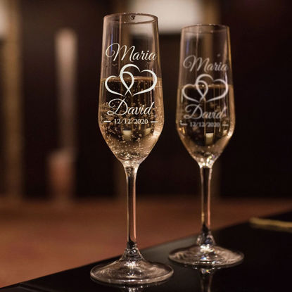 Picture of Custom Wedding Champagne Flutes - Personalized Champagne Glasses with Couple Names and Text - Engraved Bride and Groom Toasting Glasses - Mr & Mrs Gift