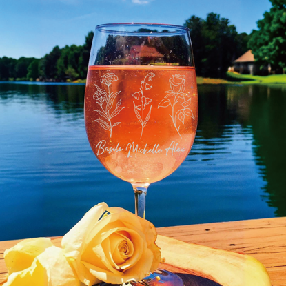Picture of Personalized Birthflower Wine Glass - Custom Wine Glass with Birthflowes and Names - Anniversary Gifts