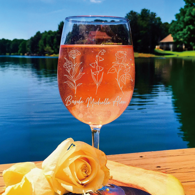 Picture of Personalized Birthflower Wine Glass - Custom Wine Glass with Birthflowes and Names - Anniversary Gifts