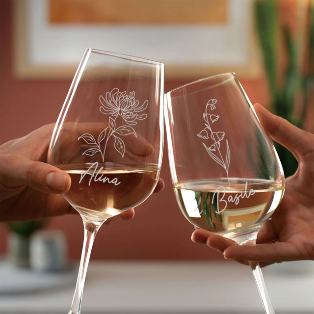 Picture of Personalized Birthflower Wine Glass - Custom Wine Glass with Birthflowes and Names - Anniversary Gifts
