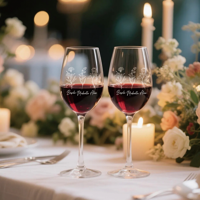 Picture of Personalized Birthflower Wine Glass - Custom Wine Glass with Birthflowes and Names - Anniversary Gifts