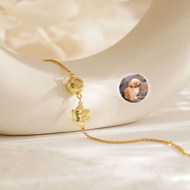 Picture of Custom Projection Bracelet with Photo and Name - Custom Memorial Picture Bracelet with One or Two Dog Paw - Valentine's Day, Anniversary, Mother's day, Christmas Gifts