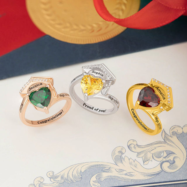 Picture of Custom Graduation Ring with Birthstone - Personalized College Ring with Name - Graduation Gift for Her