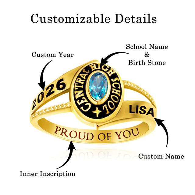 Picture of Custom Graduation Ring with Birthstone - Personalised College Ring with Name - Best Graduation Gift