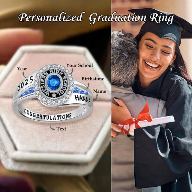 Picture of Custom Graduation Ring with Birthstone - Personalized College Ring with Name - Best Graduation Gift for Her
