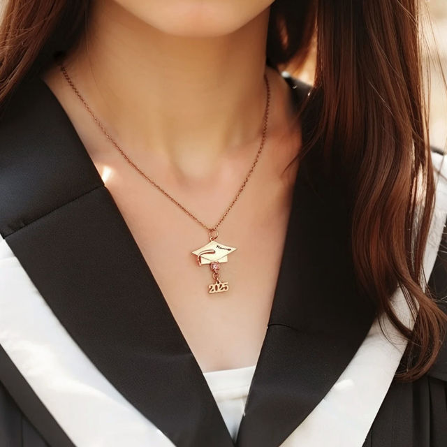 Picture of Custom Birthstone Graduation Necklace - Personalized Necklace with Name