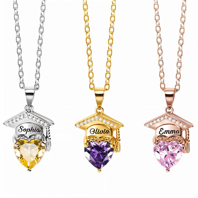 Picture of Custom Graduation Necklace with Heart Birthstone - Personalized College Necklace