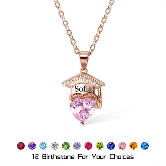 Picture of Custom Graduation Necklace with Heart Birthstone - Personalized College Necklace